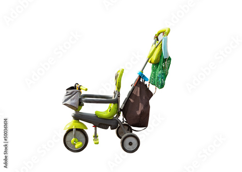 three wheeled baby carriage isolated photo
