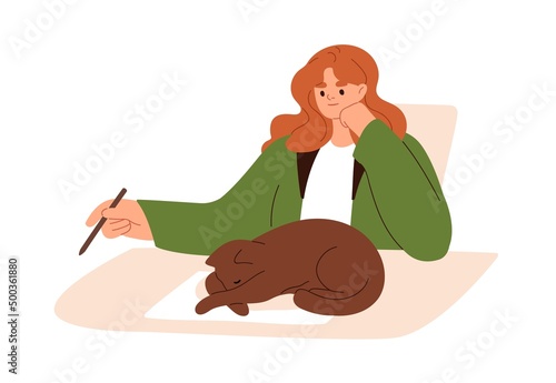 Cute cat sleeping on desk while person working. Funny kitty lying at workplace, pet owner with pencil at table at home. Female and kitten. Flat vector illustration isolated on white background