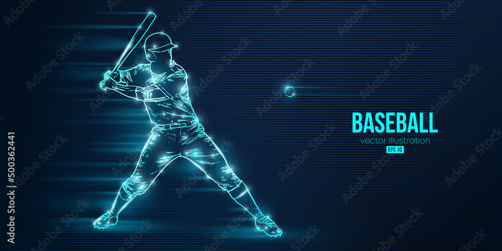 Abstract silhouette of a baseball player on blue background. Baseball player batter hits the ball. Vector illustration