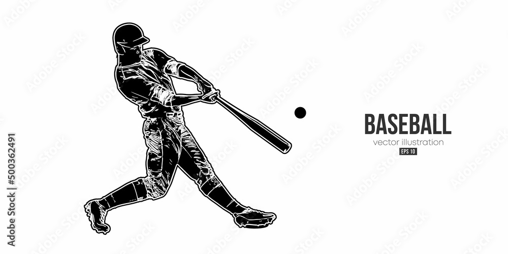 Fototapeta premium Abstract silhouette of a baseball player on white background. Baseball player batter hits the ball. Vector illustration