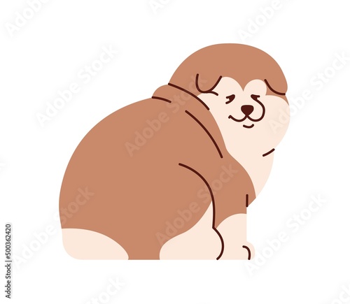 Cute funny Chinese Alaskan Malamute. Back of chunky dog sitting. Sweet purebred puppy. Smiling adorable canine animal. Asian furry doggy breed. Flat vector illustration isolated on white background