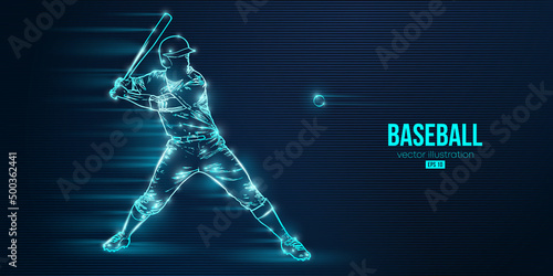 Abstract silhouette of a baseball player on blue background. Baseball player batter hits the ball. Vector illustration