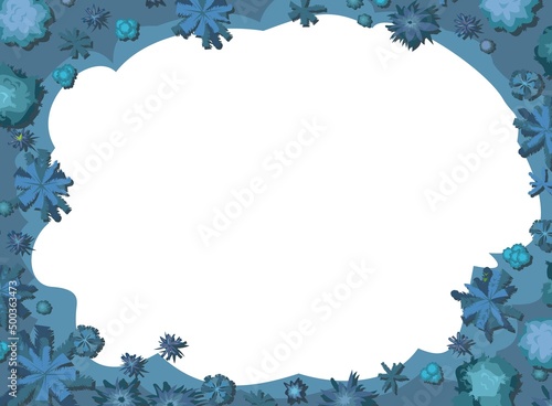 Frame Night tropic plant landscape top view. Wild palm trees and bushes. Dark twilight jungle rainforest. Illustration forest in flat design. Isolated on white background. Vector