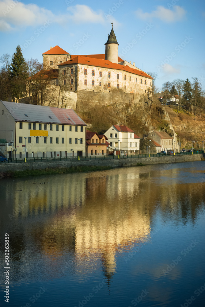 Ledec nad Sazavou castle reflecting in the Sazava river
