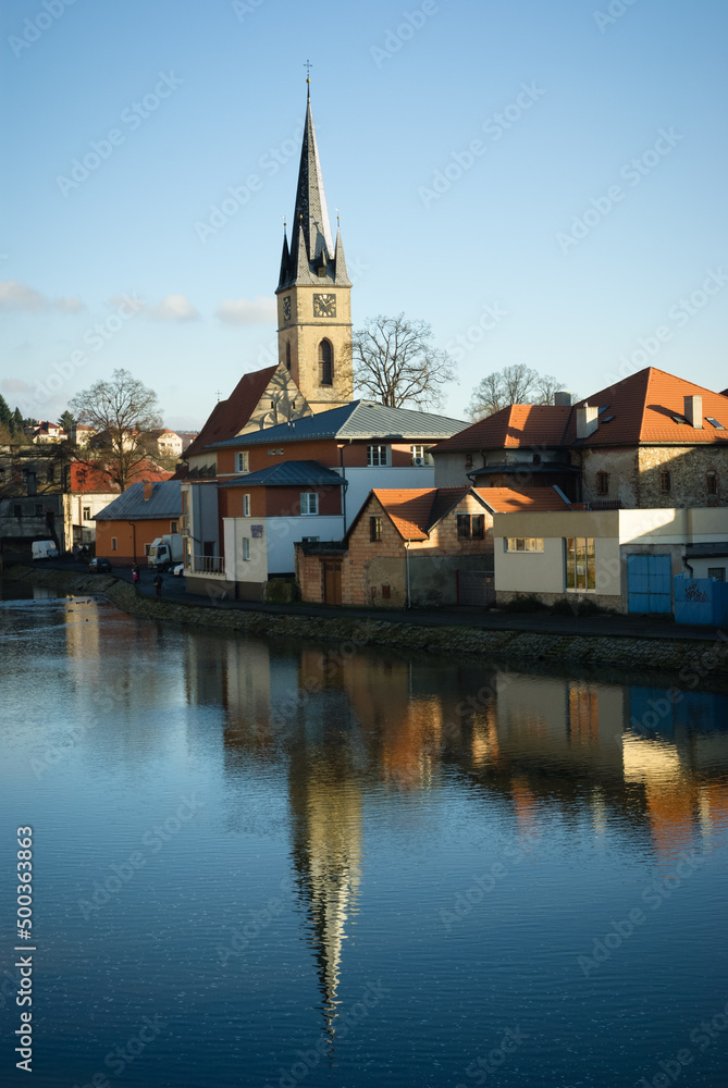 Ledec nad Sazavou church reflecting in river