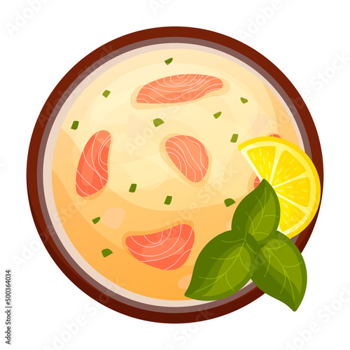 Soup with fish. Ukha. Restaurant dish in cartoon style. View from above. Salmon. Proper nutrition. Seafood.