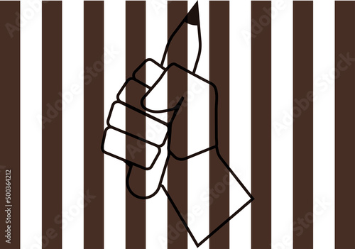 Icono de mano con lápiz de periodista encarcelado.