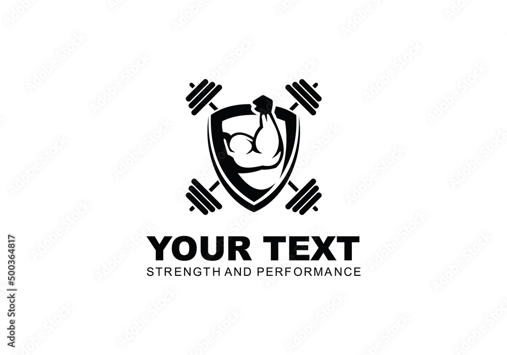 Fitness gym logo with Hand strong and barbell symbol design
