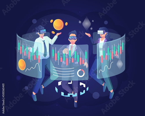 businesspeople wearing VR headsets analyze digital trading charts and stock trading on the virtual dashboard screen interface in Metaverse. Flat vector illustration