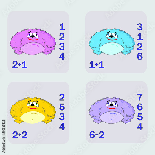 counting game with funny monsters. Preschool worksheet, kids activity sheet, printable worksheet