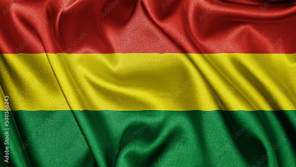 Close up realistic texture fabric textile silk satin flag of Bolivia waving fluttering background. National symbol of the country. 6th of August, Happy Day concept