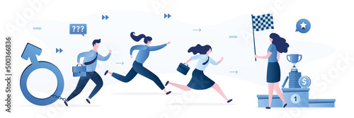 Business competition. Teamwork, winner and losers business people concept. Gender gap, feminist movement. Office Relationships. Woman boss with finishing flag, prizes for winner.
