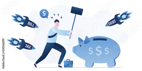 Businessman smashing piggy bank with big hammer. Savings for rainy day. Use of accumulated cash funds during economic crisis. Need for cash money. The problem of debt, taxes.