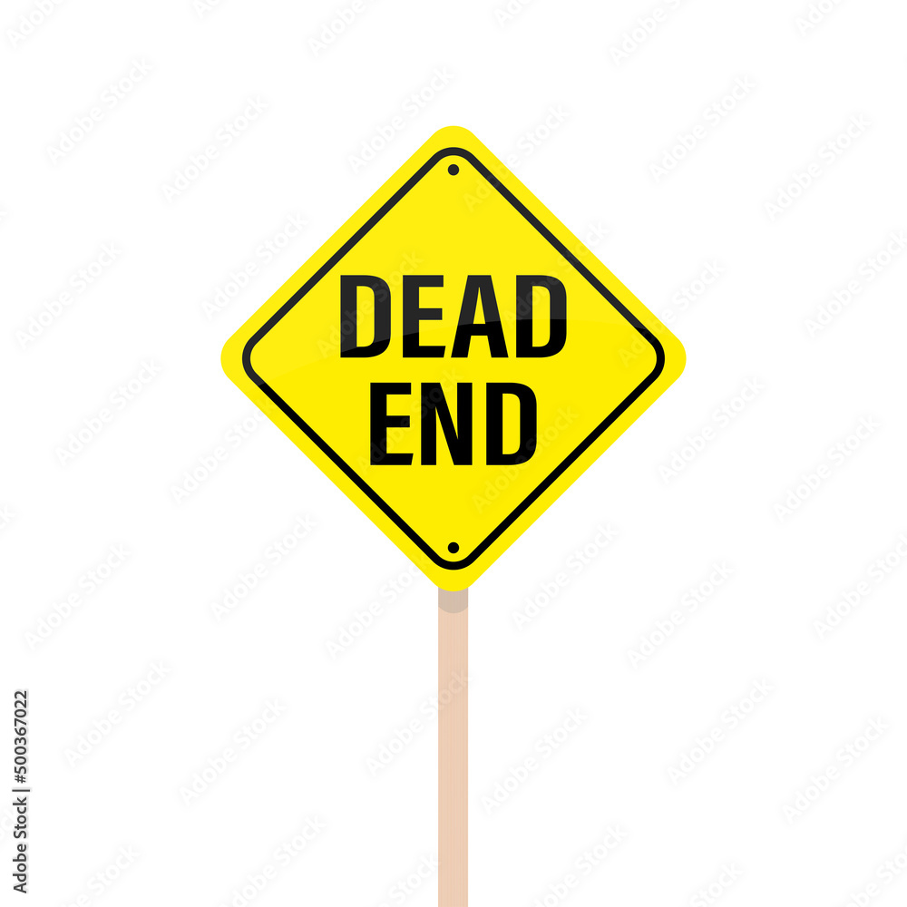 Dead end, yellow and black warning stop road sign. Insurmountable obstacles. Street pointer isolated on white background. Road closed - label. Dead end, yellow and black warning stop road sign. Insurmountable obstacles. Street pointer isolated on white background. Road closed - label.