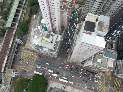 Top down view of Hong Kong city traffic intersection
