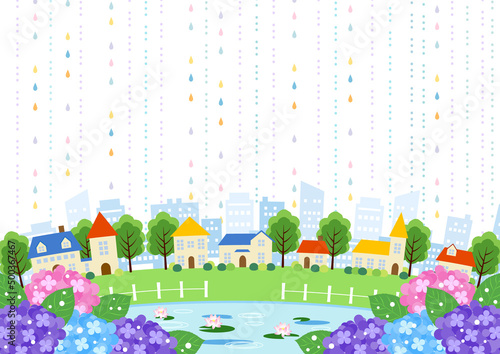 池のある街並み梅雨背景ヨコ明