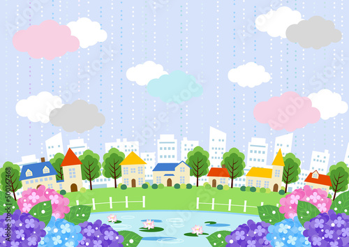 池のある街並み梅雨背景ヨコ暗