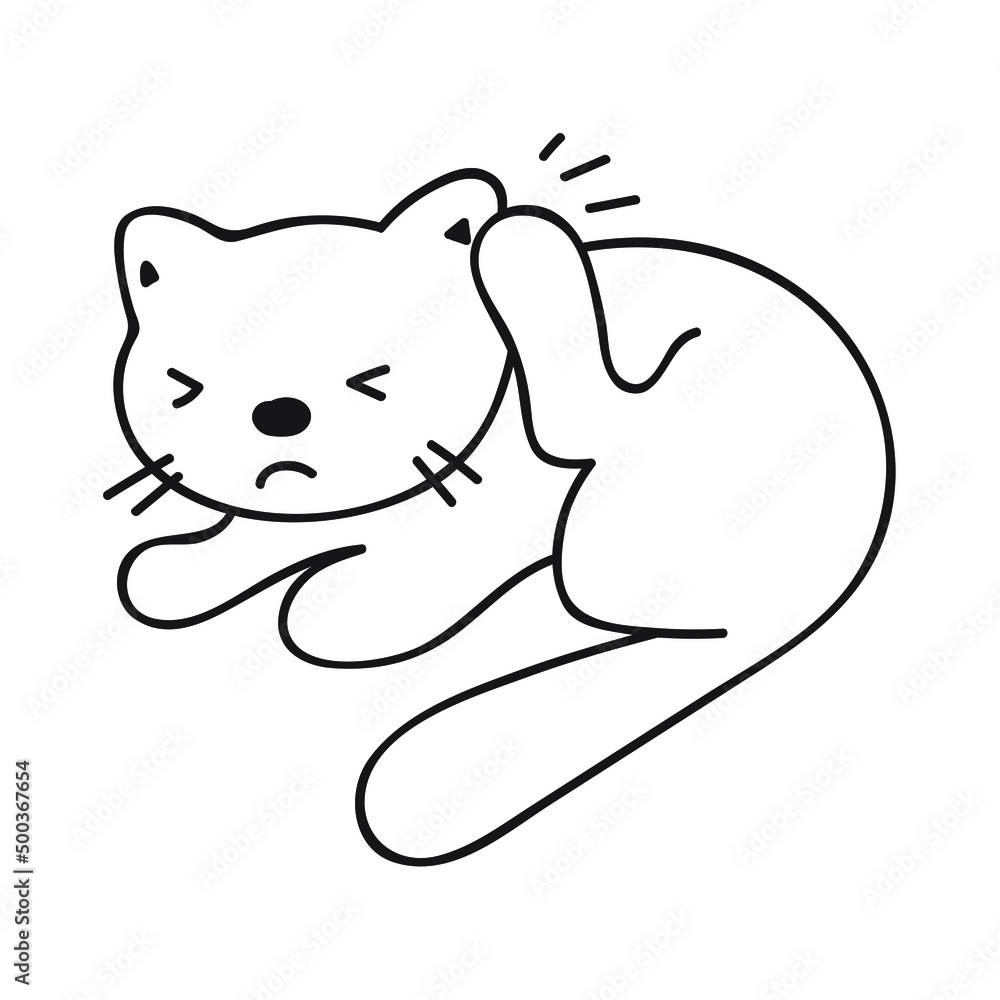 Cat scratching. Kitty has fleas. Vector outline illustration on white background. Cat scratching. Kitty has fleas. Vector outline illustration on white background.