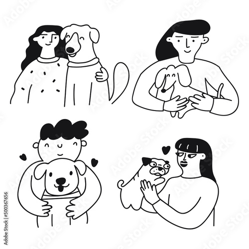 Smiling people with dogs. Outline icons. Vector illustrations on white background.