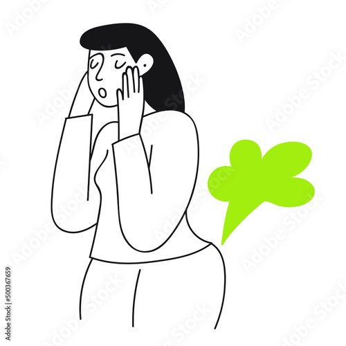 Young woman fart and confused. Outline illustration on white background.