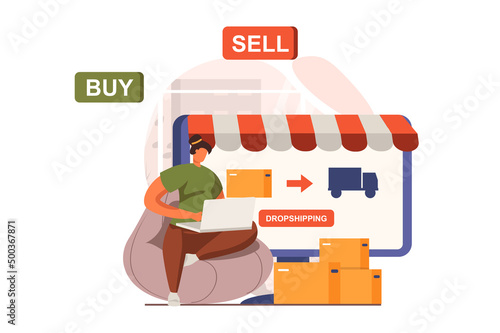 Digital business web concept in flat design. Woman sells goods in online store on marketplace, arranges and sends orders to customers. E-commerce and e-business. Vector illustration with people scene