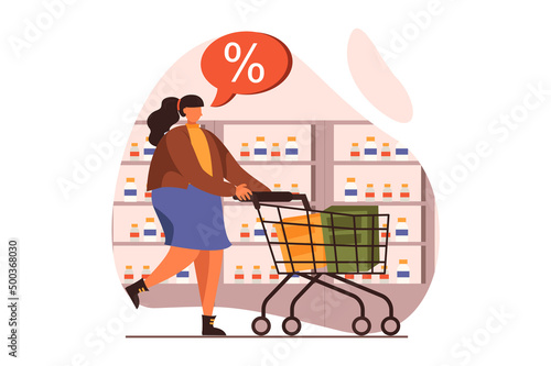 Discount store web concept in flat design. Happy woman with cart buying food and making purchases at supermarket. Smart shopping and loyalty program for clients. Vector illustration with people scene