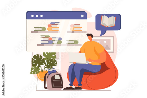 Distant learning web concept in flat design. Man reading book, making homework with textbooks and studies on laptop at home. Online education and e-learning. Vector illustration with people scene