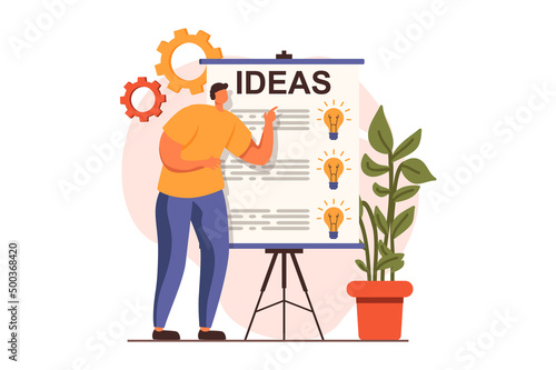 Finding ideas web concept in flat design. Man generates makes presentation, looking for opportunities and achieve goals. Inspiration, motivation and creativity. Vector illustration with people scene