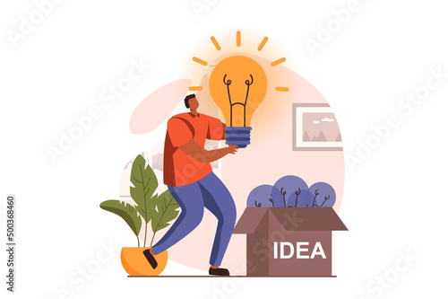 Finding ideas web concept in flat design. Man brainstorming, searching solutions for business and achievement goals. Inspiration, motivation and creativity. Vector illustration with people scene