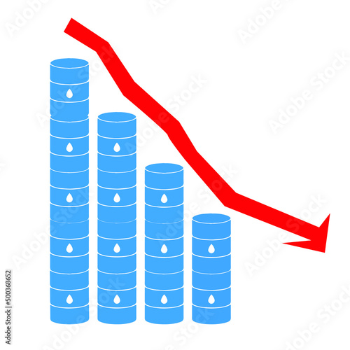 Oil price drop concept illustration. The vector image depicts  the barrel of crude petroleum arrow down on a financial chart as a symbol for declining prices due to oversupply and overproduction