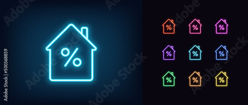 Outline neon house icon. Glowing neon home with percentage sign, house mortgage pictogram. Real estate insurance