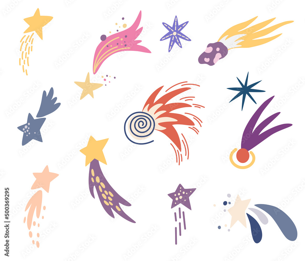 Fototapeta premium Shooting stars set. Comet tail or star trail. Meteorite, space. Vector Hand draw illustration isolated on the white background.