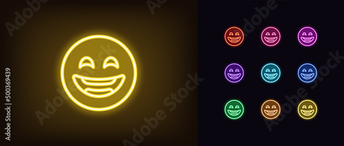 Outline neon laugh emoji icon. Glowing neon laughing emoticon sign, humor face pictogram. Funny joke