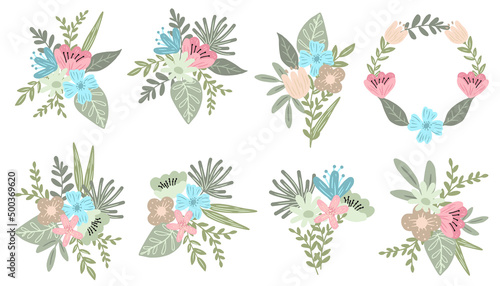 beautiful spring hand drawn flowers and leaves arrangement	