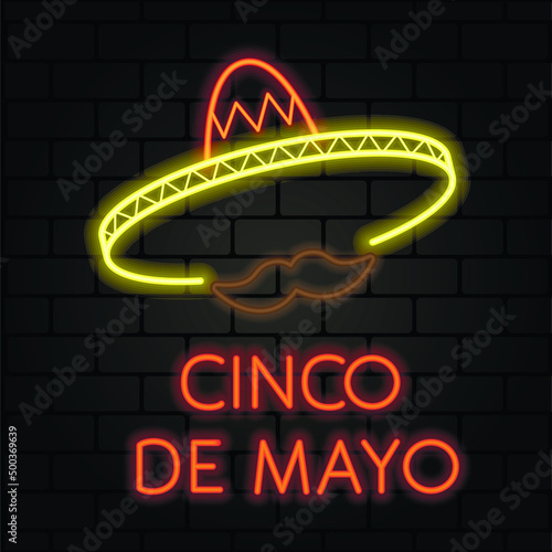 Neon mexican sombrero and mustache. Text fifth of May in Spanish. Vector illustration.