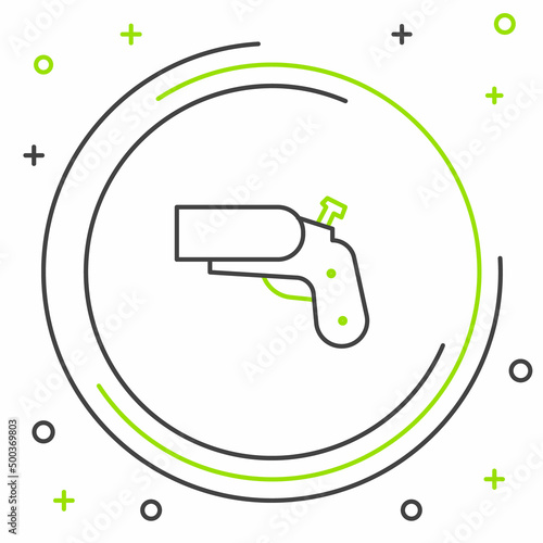 Line Flare gun pistol signal sos icon isolated on white background. Emergency fire shoot target smoke. Orange 911 launcher. Colorful outline concept. Vector