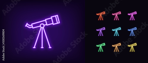 Outline neon space telescope icon. Glowing neon monocular spyglass, planetarium pictogram. Cosmos exploration