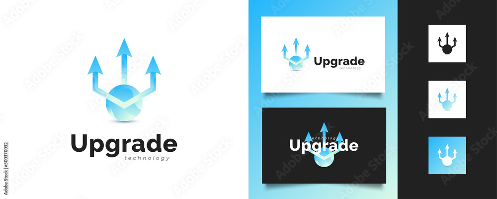 Upgrade Logo or Icon with Three Arrows and Blue Sphere. Increase or Update Logo for Business or Technology Logos