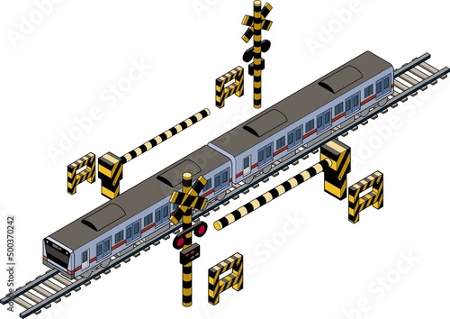 線路の上を走る立体的なオレンジ電車と遮断機のアイソメトリックイラスト.