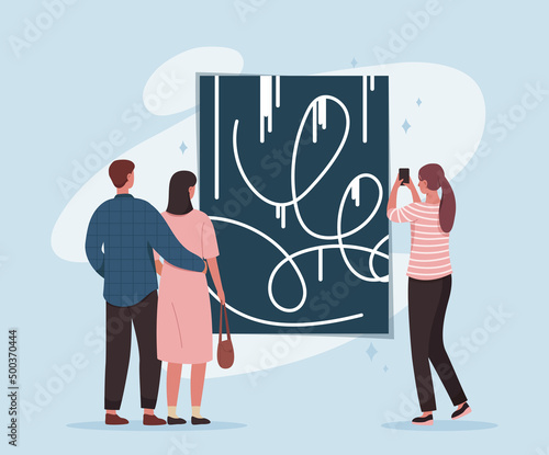 People visit contemporary art gallery concept. Young men and women looking at beautiful creative paintings or museum exhibits. Hobby or entertainment. Cartoon modern flat vector illustration