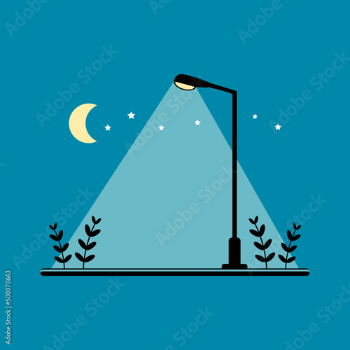Streetlight lamp poles illumination at night time in the park with moon stars on blue background flat icon vector design.