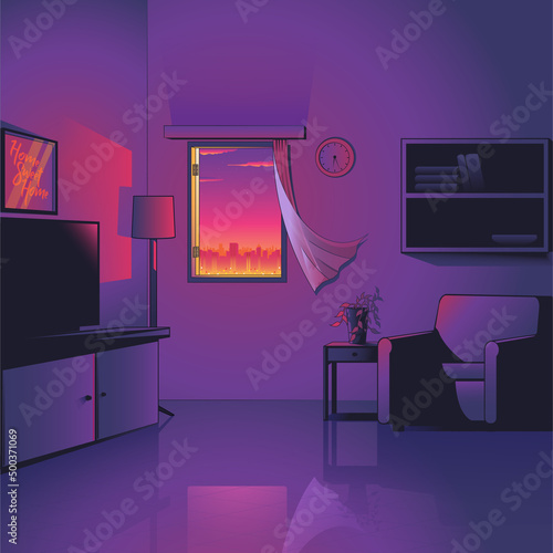 Living room in the evening. suitable for backdrop, animation background, poster, design element or any other purpose.