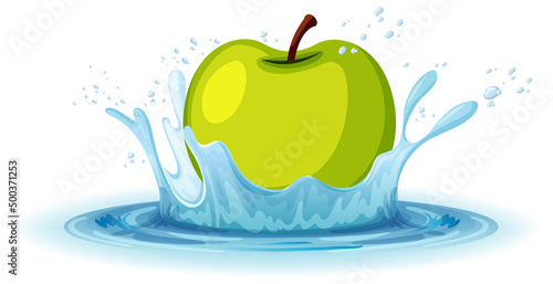 A water splash with green apple on white background