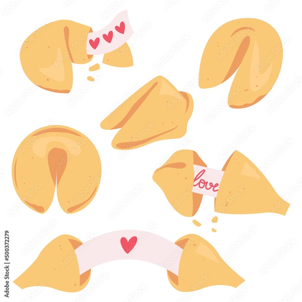 Set of Chinese Fortune Cookies with paper template on a white background. Open and closed cookies with prediction. Vector illustration