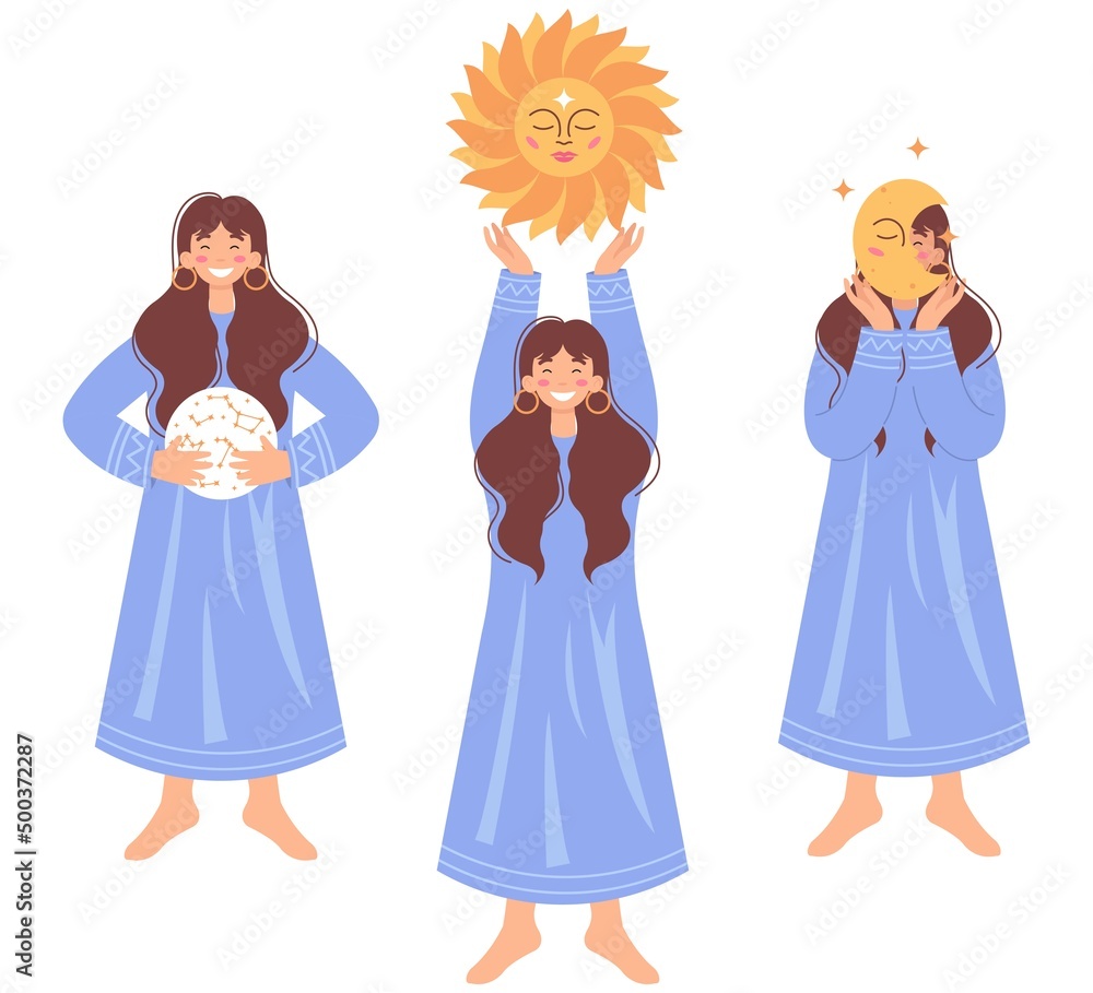Set of three smiling women holding a crystal ball, the sun and moon. Astrology concept. Flat colored vector illustration isolared in a white background. Set of three smiling women holding a crystal ball, the sun and moon. Astrology concept. Flat colored vector illustration isolared in a white background.