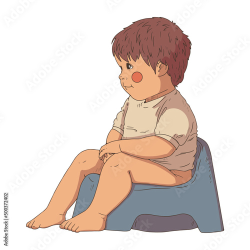 A small child sits on a potty.