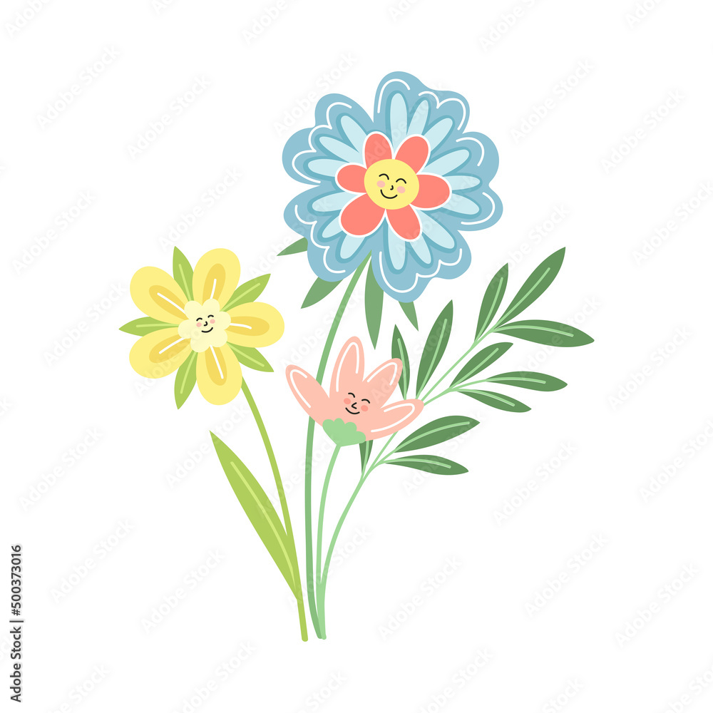 Naklejka premium Smiling Flowers on Stalk with Petal and Green Leaf Vector Illustration