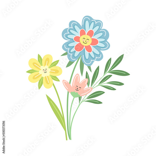 Smiling Flowers on Stalk with Petal and Green Leaf Vector Illustration