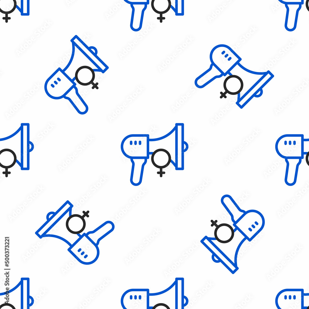 Line Female movement, feminist activist with banner and placards icon isolated seamless pattern on white background. Feminist rights movement, feminism sisterhood. Colorful outline concept. Vector Line Female movement, feminist activist with banner and placards icon isolated seamless pattern on white background. Feminist rights movement, feminism sisterhood. Colorful outline concept. Vector