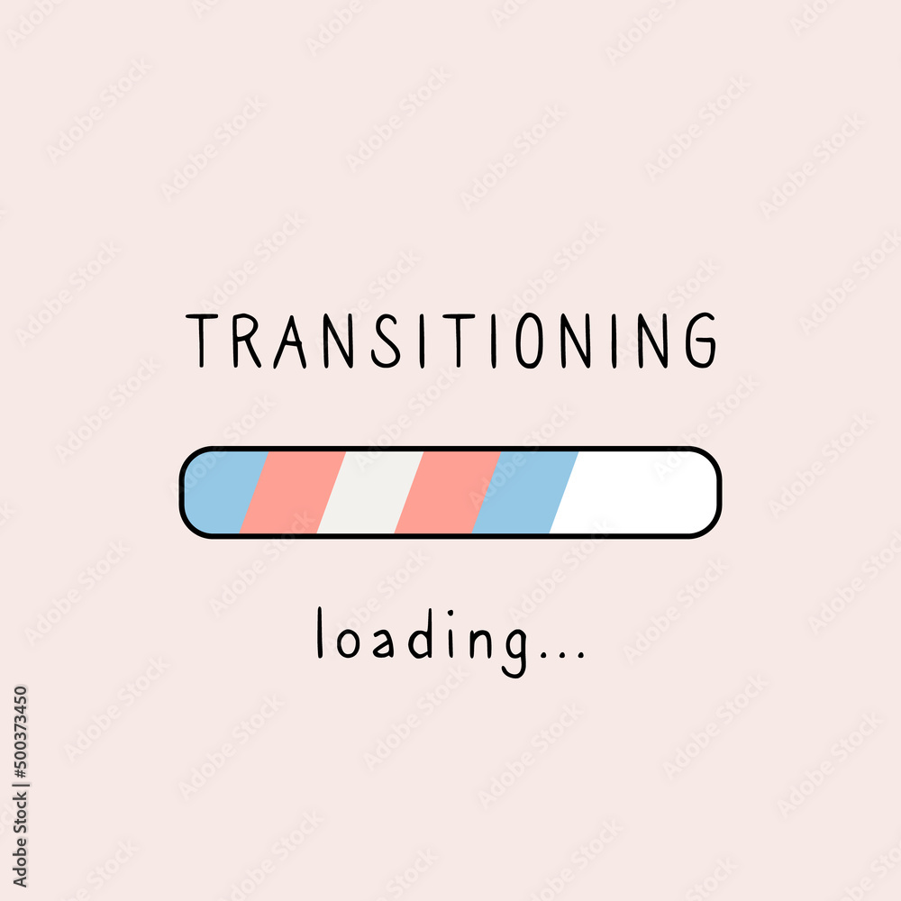 Square banner with loading bar with transgender flag colors. Card with Transitioning loading slogan for trans people support. Gender Identity and Expression. LGBTQ pride month. Vector illustration. - obrazy, fototapety, plakaty 